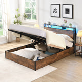 Elevating storage bed frame, full-size bed frame with bookshelf headboard and LED lights, with country brown color - V.I.P Digital Presence