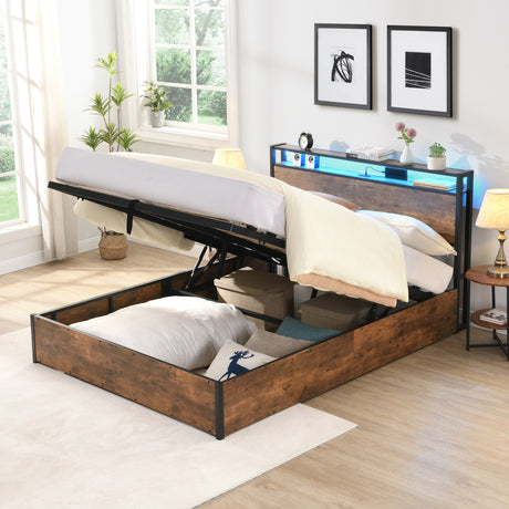Elevating storage bed frame, full-size bed frame with bookshelf headboard and LED lights, with country brown color - V.I.P Digital Presence