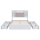Multi-functional Full Size Bed Frame with 4 Under-bed Portable Storage Drawers and Multi-tier Bedside Storage Shelves White
