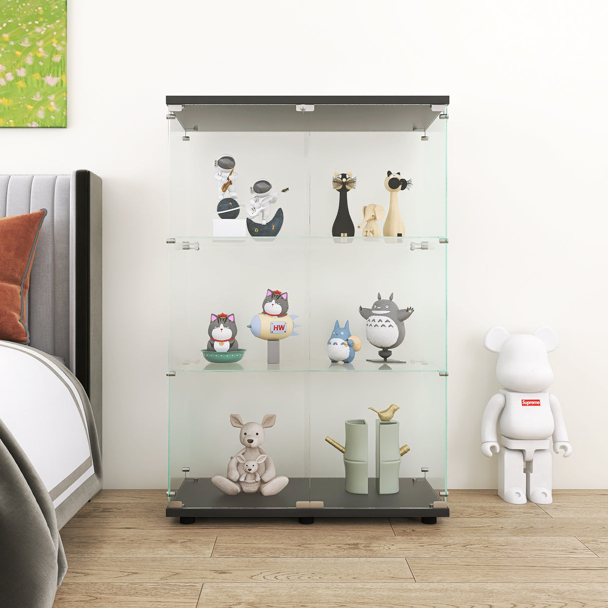 Three double door glass display cabinets with door frames, 49.3 inches * 31.7 inches * 14.3 inches, black - V.I.P Digital Presence