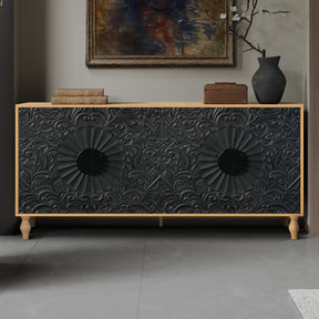 Black Carved Symmetrical Design Door And Wood Coloured Frame For TV Stand Table,Living Room ,Entryway - V.I.P Digital Presence