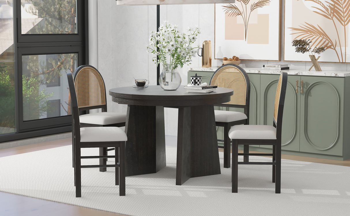 TREXM 5-piece retro functional cutlery set with 1 expandable dining table and 4 cushioned chairs with rattan backrests (espresso - V.I.P Digital Presence