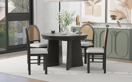 TREXM 5-piece retro functional cutlery set with 1 expandable dining table and 4 cushioned chairs with rattan backrests (espresso - V.I.P Digital Presence