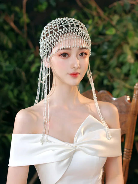 Handmade hollowed out headpiece performance pearl tassel hat - V.I.P Digital Presence