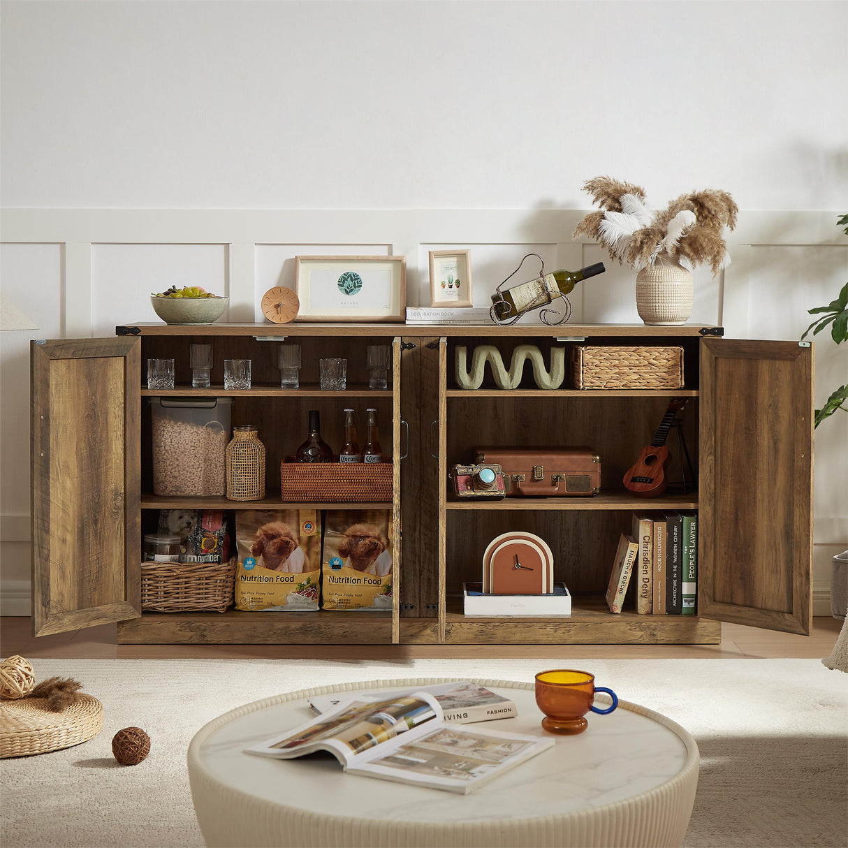65-Inch Rustic Oak Color Faux Rattan Sideboard, Barn Door Rustic Style Sideboard, Living Room, Entryway, Bedroom - V.I.P Digital Presence
