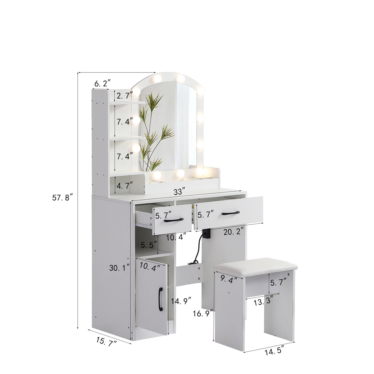 Vanity desk set including table with large lighted mirror 3 color lighting modes adjustable brightness white color