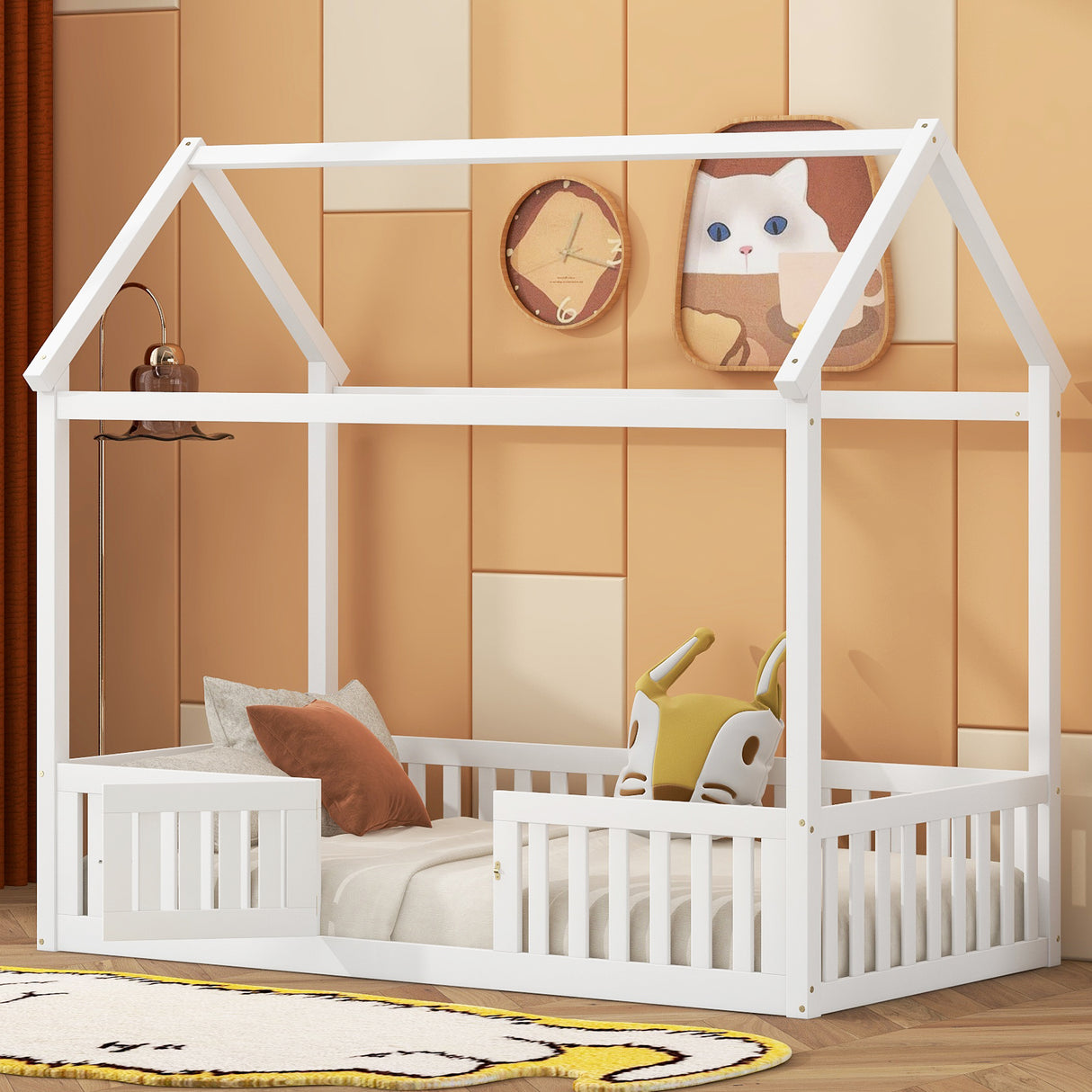 Twin Size Wood House Bed with Fence and Door, White - V.I.P Digital Presence
