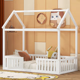 Twin Size Wood House Bed with Fence and Door, White - V.I.P Digital Presence