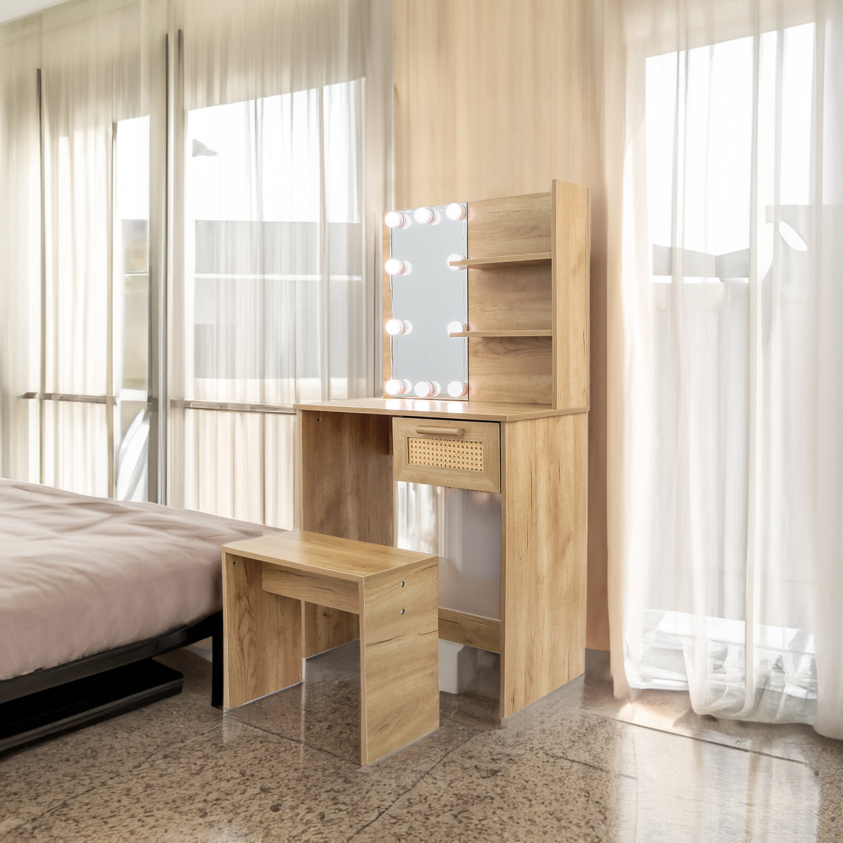 Vanity Desk Set Stool & Dressing Table with LED Lighting Mirror Drawer and Wood Cosmetic Table Chest of Drawers Nature Color - V.I.P Digital Presence