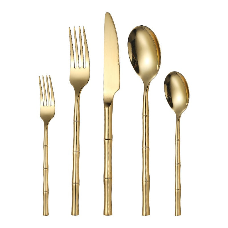 Thickened bamboo 304 stainless steel tableware knife, fork, and spoon set with titanium plated Western steak knife, fork, and spoon - V.I.P Digital Presence