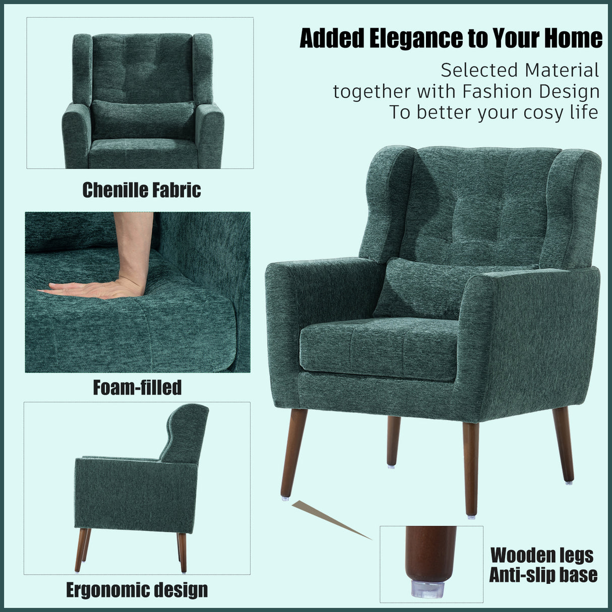 Modern Accent Chair Upholstered Foam Filled Living Room Chairs Comfy Reading Chair Mid Century Modern Chair  (Blackish Green) - V.I.P Digital Presence