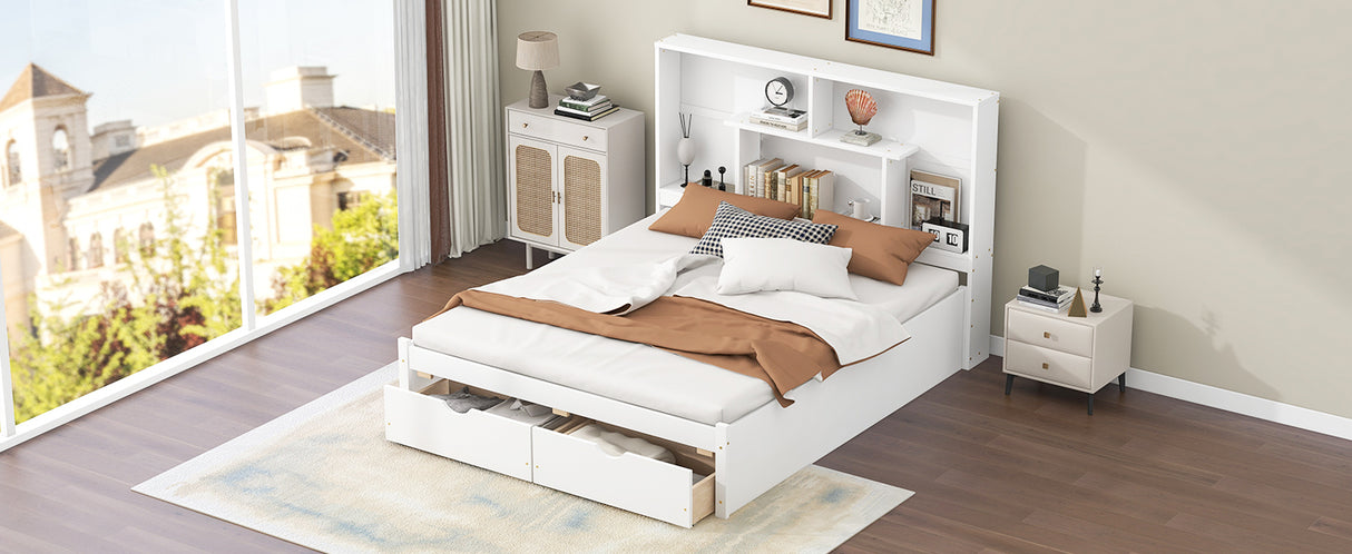 Queen Size Platform Bed with Storage Headboard and 2 Drawers, White - V.I.P Digital Presence