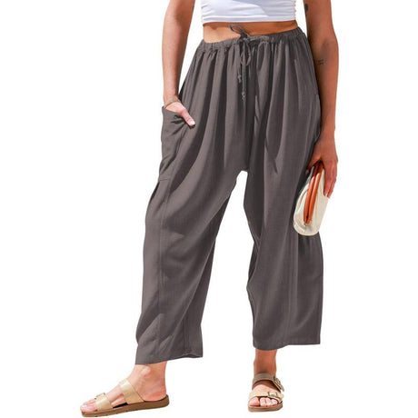 European and American women's elastic waisted pleated high waisted wide leg loose Haren cotton linen pants - V.I.P Digital Presence