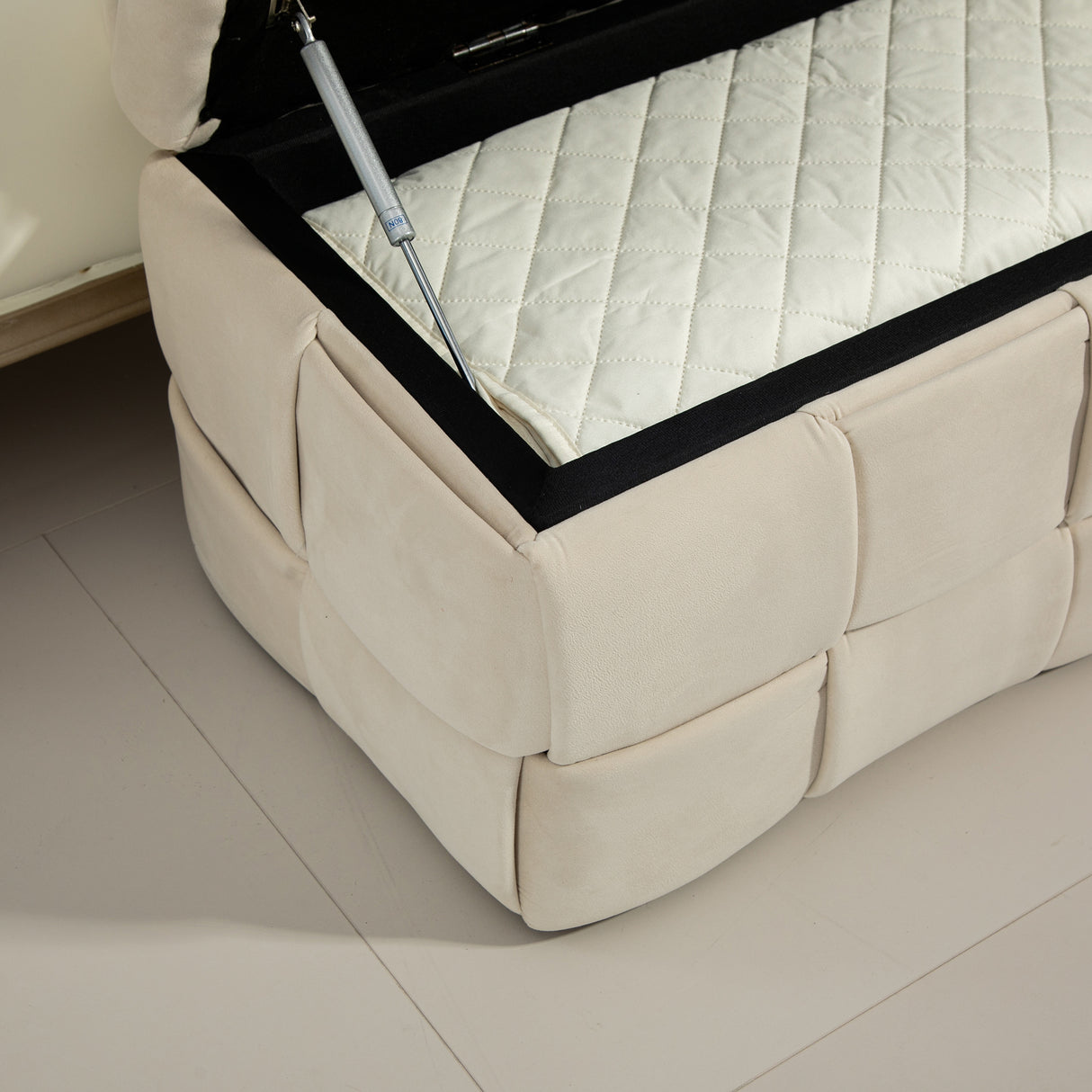 COOLMOR storage Ottoman chair, bedroom end stool, cushioned fabric entrance cushioned footstool with safety hinge (beige) - V.I.P Digital Presence