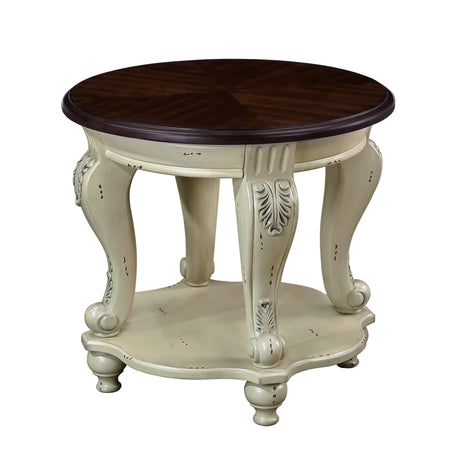 22 inch dual tone round head table, solid wood sofa side table with shelf, white and cherry tabletop - V.I.P Digital Presence
