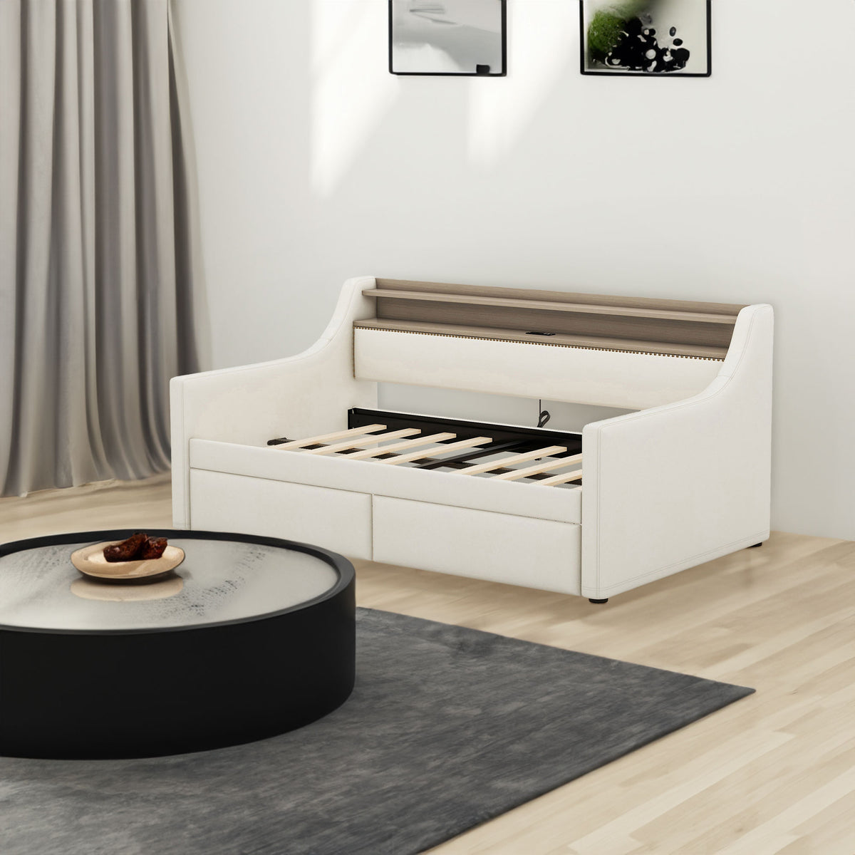 Twin Size Daybed with Storage Drawers, Upholstered Daybed with Charging Station and LED Lights, Beige - V.I.P Digital Presence