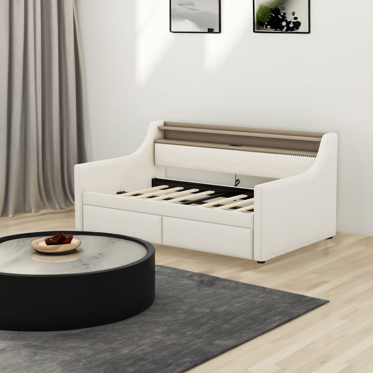 Twin Size Daybed with Storage Drawers, Upholstered Daybed with Charging Station and LED Lights, Beige - V.I.P Digital Presence