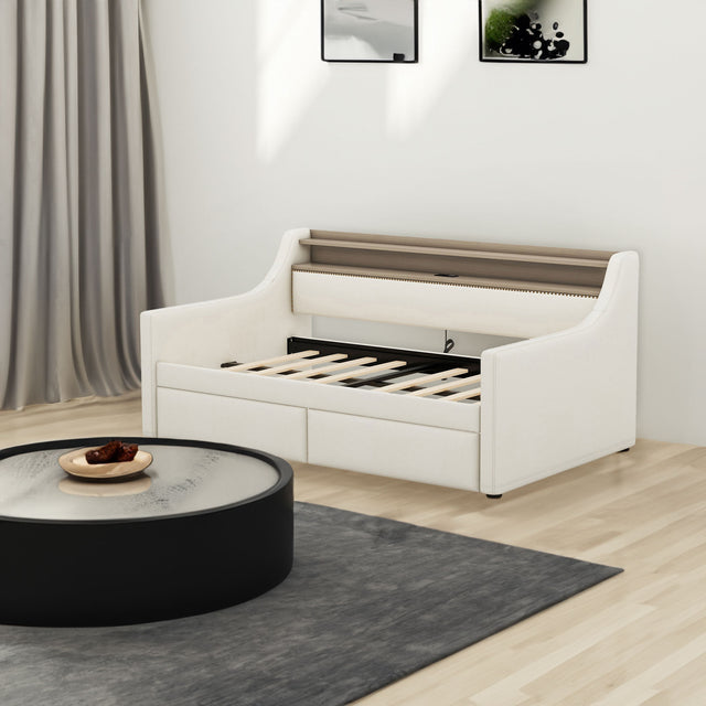 Twin Size Daybed with Storage Drawers, Upholstered Daybed with Charging Station and LED Lights, Beige - V.I.P Digital Presence