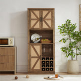76-Inch Tall Rustic Oak Color Farmhouse Kitchen Faux Rattan Wine Cabinet, Kitchen Bar Cabinet with Square Compartments - V.I.P Digital Presence