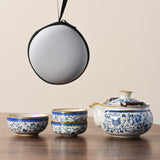 Blue and white beige Ru kiln travel tea set one pot three cups outdoor portable entwined lotus ceramic retro teapot - V.I.P Digital Presence