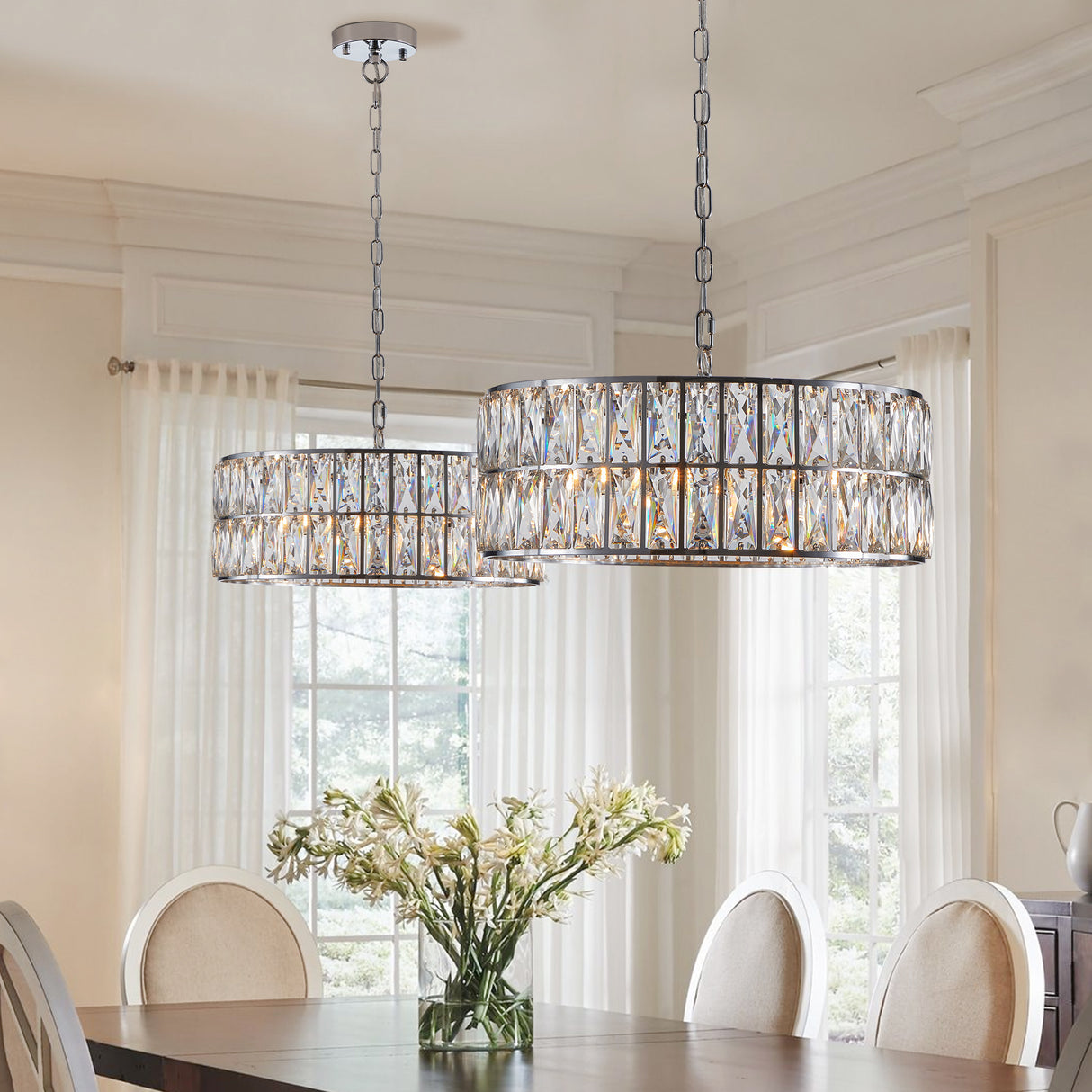 Modern crystal drum pendant light, 6-light pendant light, with silver metal frame (excluding light bulb) - V.I.P Digital Presence