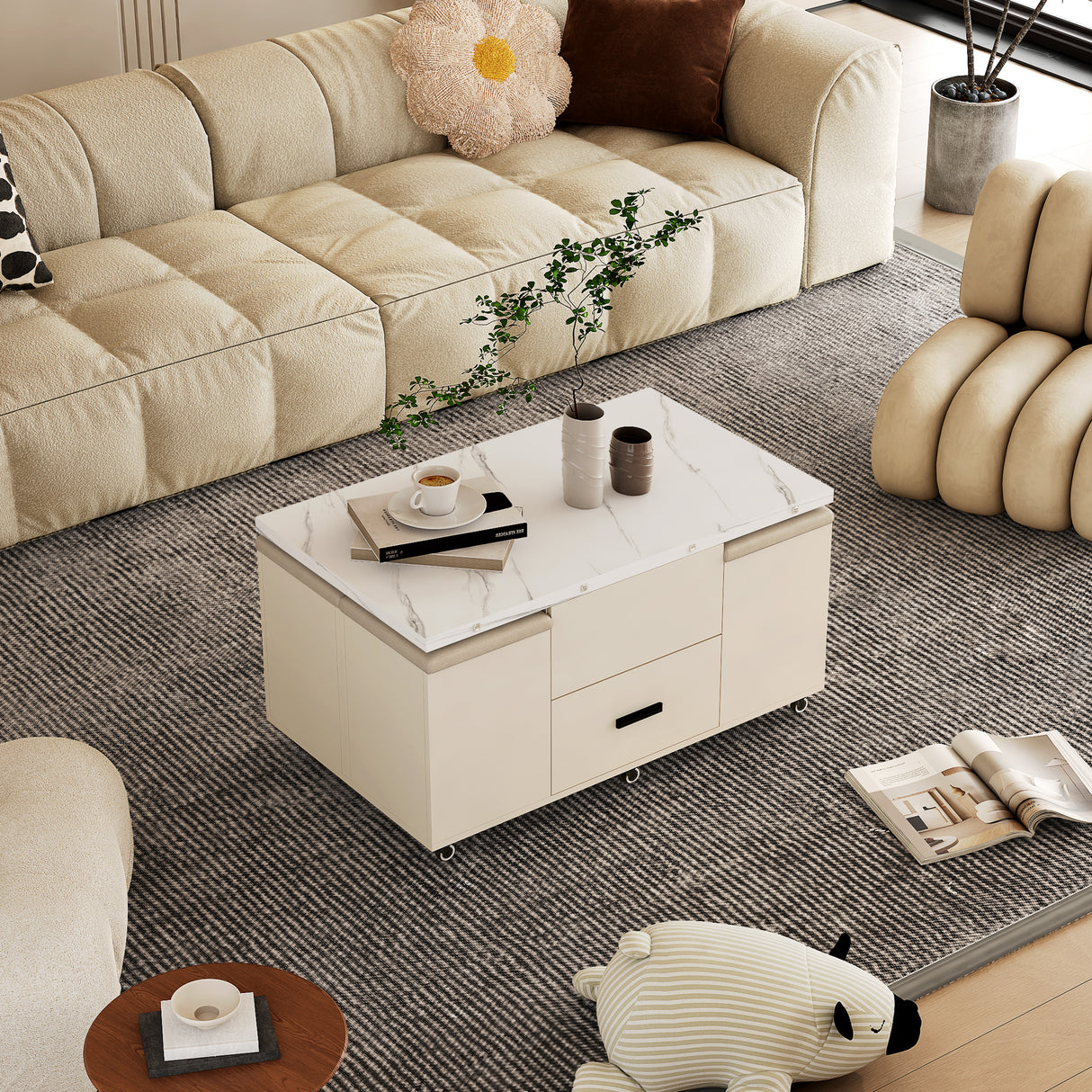 Modern lift coffee table, living room with 4 chairs, expandable 1 hidden storage space+2 drawers, folding dining table - V.I.P Digital Presence