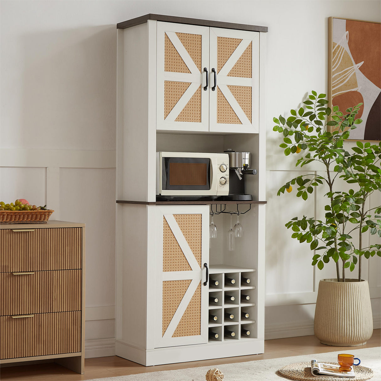 76 Inch Tall Farmhouse Kitchen Faux Rattan Wine Cabinet, Kitchen Bar Cabinet with Square Compartments and Shelves - V.I.P Digital Presence