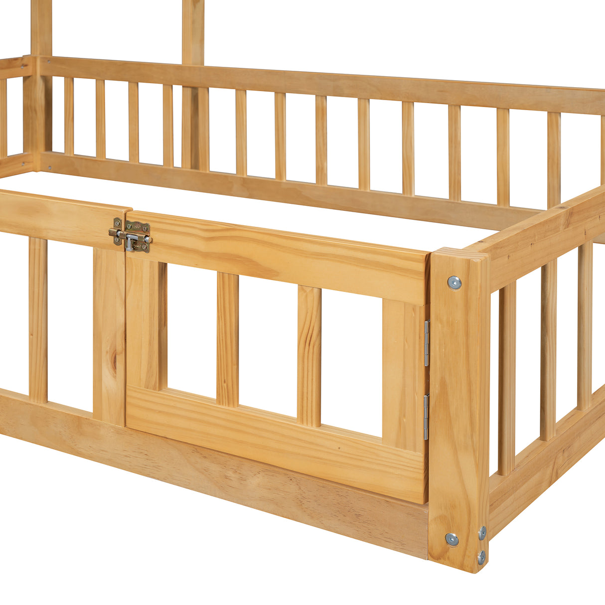 Wooden Full Size Children's Bed with Detachable Headboard and Integrated Clothes Drying Rack, Natural - V.I.P Digital Presence