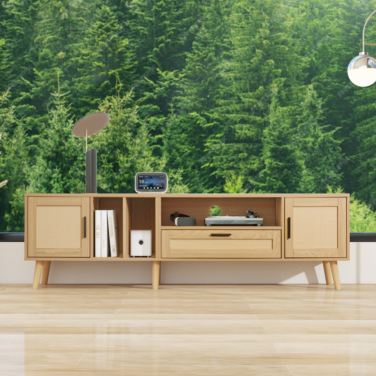 Vine TV stand with 2 cabinets and 2 open shelves, suitable for TVs under 80 inches, with solid wood legs for TV cabinets - V.I.P Digital Presence