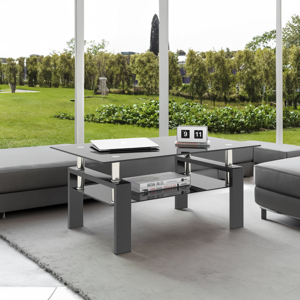 Set of 2, Modern Tempered Glass Tea Table Coffee Table End Table, Square Table for Living Room, Black - V.I.P Digital Presence