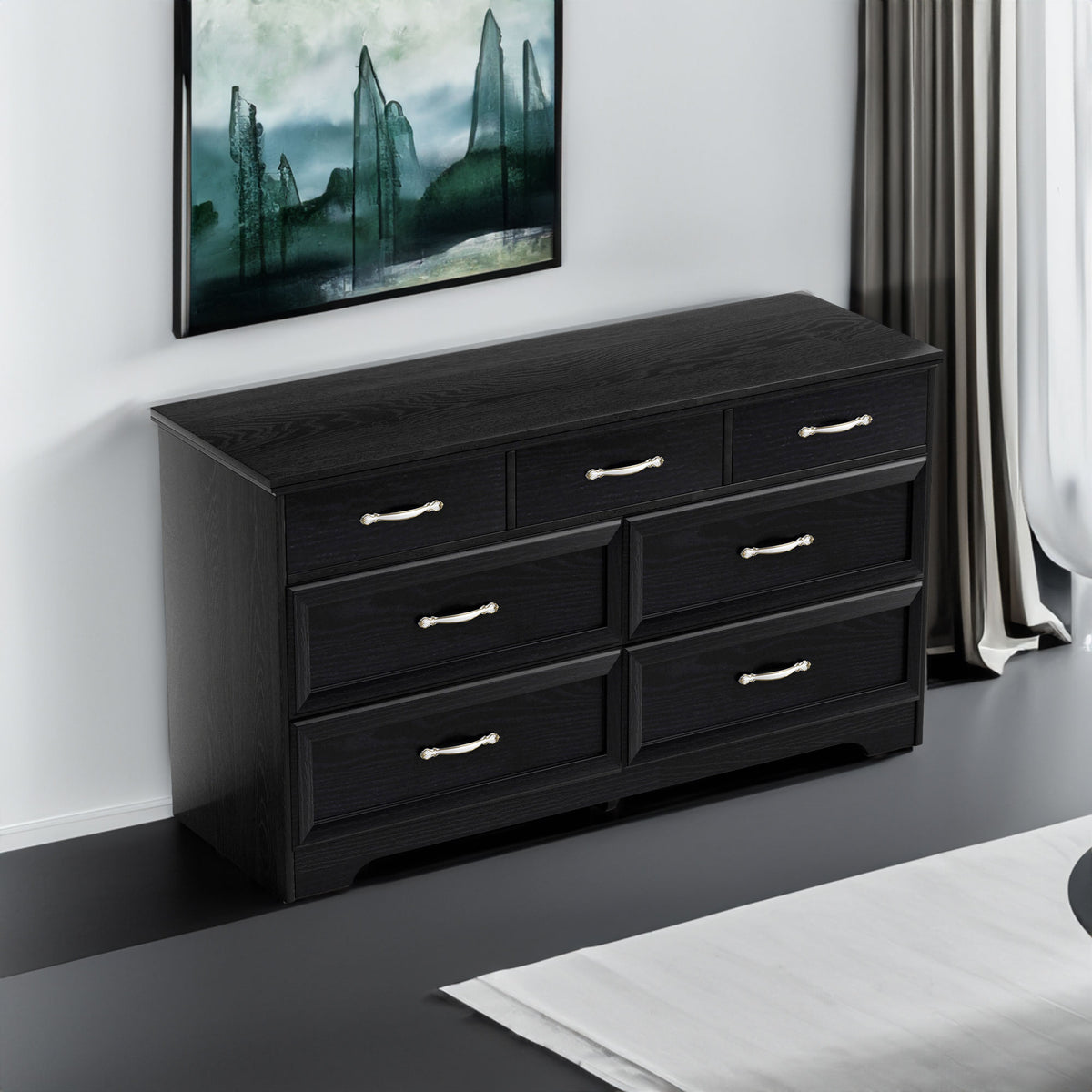 Modern 3 Drawer Bedroom Chest of Drawers with 7 Drawers Dresser, Clothes Organizer -Metal Pulls Black, 47.6″L x 15.7″W x 26.6″H - V.I.P Digital Presence