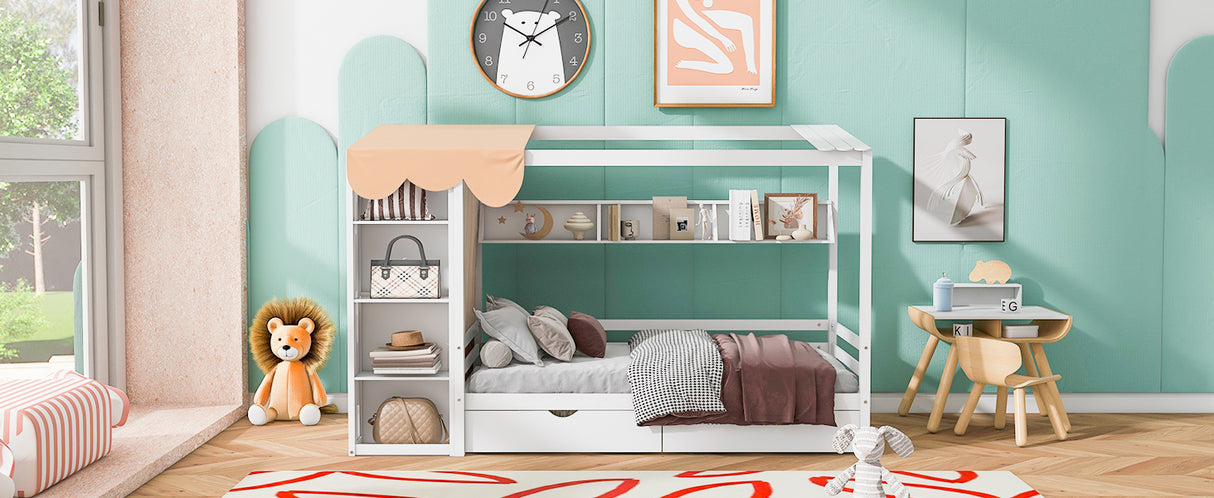 Twin size House Bed with Two Drawers and Wardrobe,White - V.I.P Digital Presence