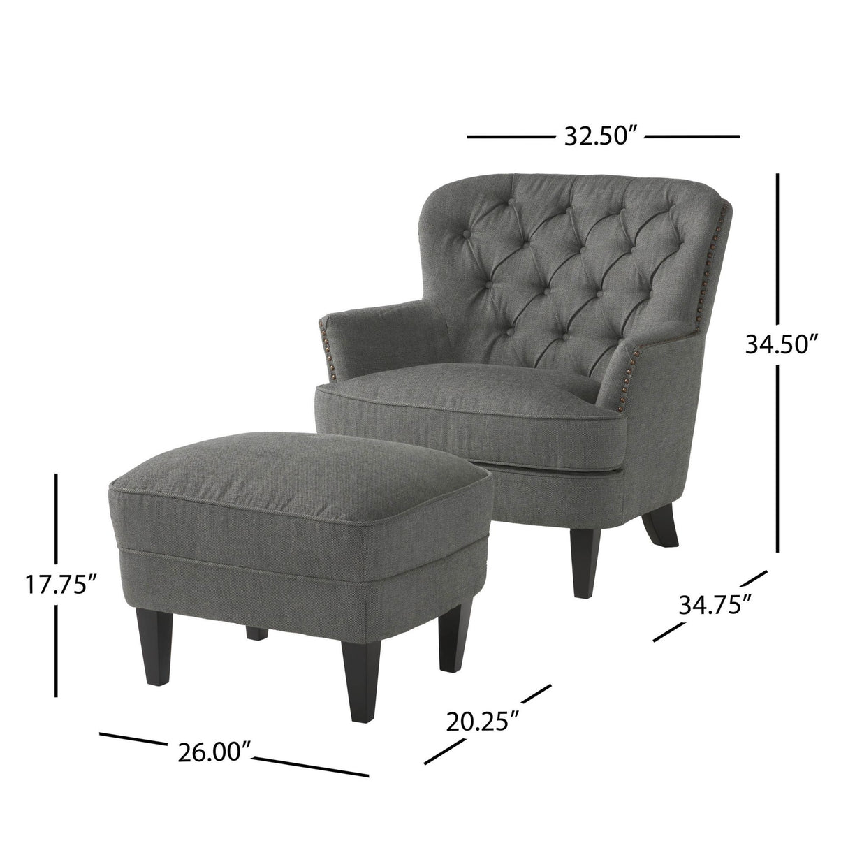 Modern grey fabric club chair and Ottoman set, stylish cushioned armchair, paired with Ottoman style - V.I.P Digital Presence