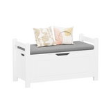 A white rubber wood children's toy box with soft cushioned seats, stools, flip covers, and safety hinges for toy storage