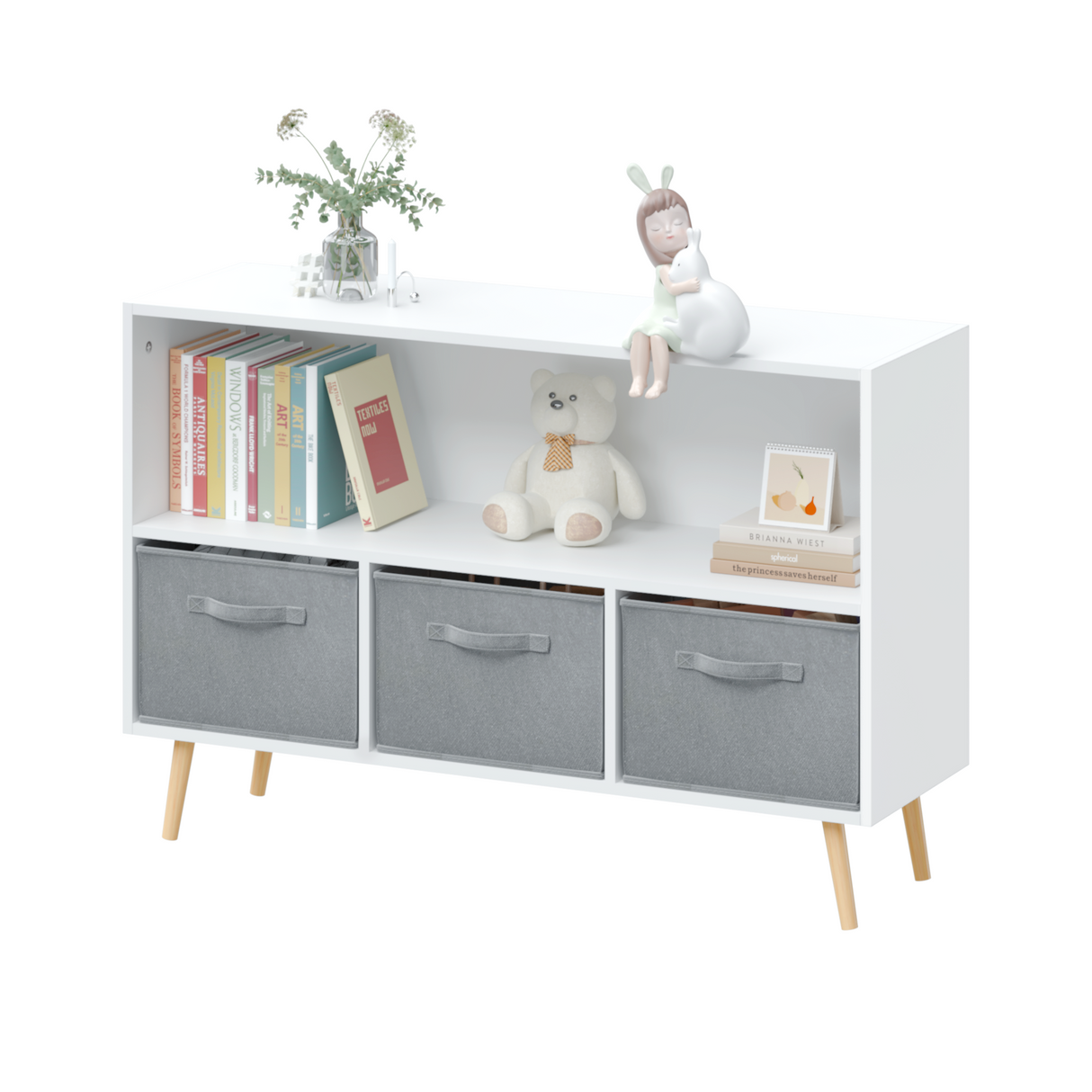 Kids bookcase with Collapsible Fabric Drawers Children's Book Display Toy Storage Cabinet Organizer White/Gray - V.I.P Digital Presence