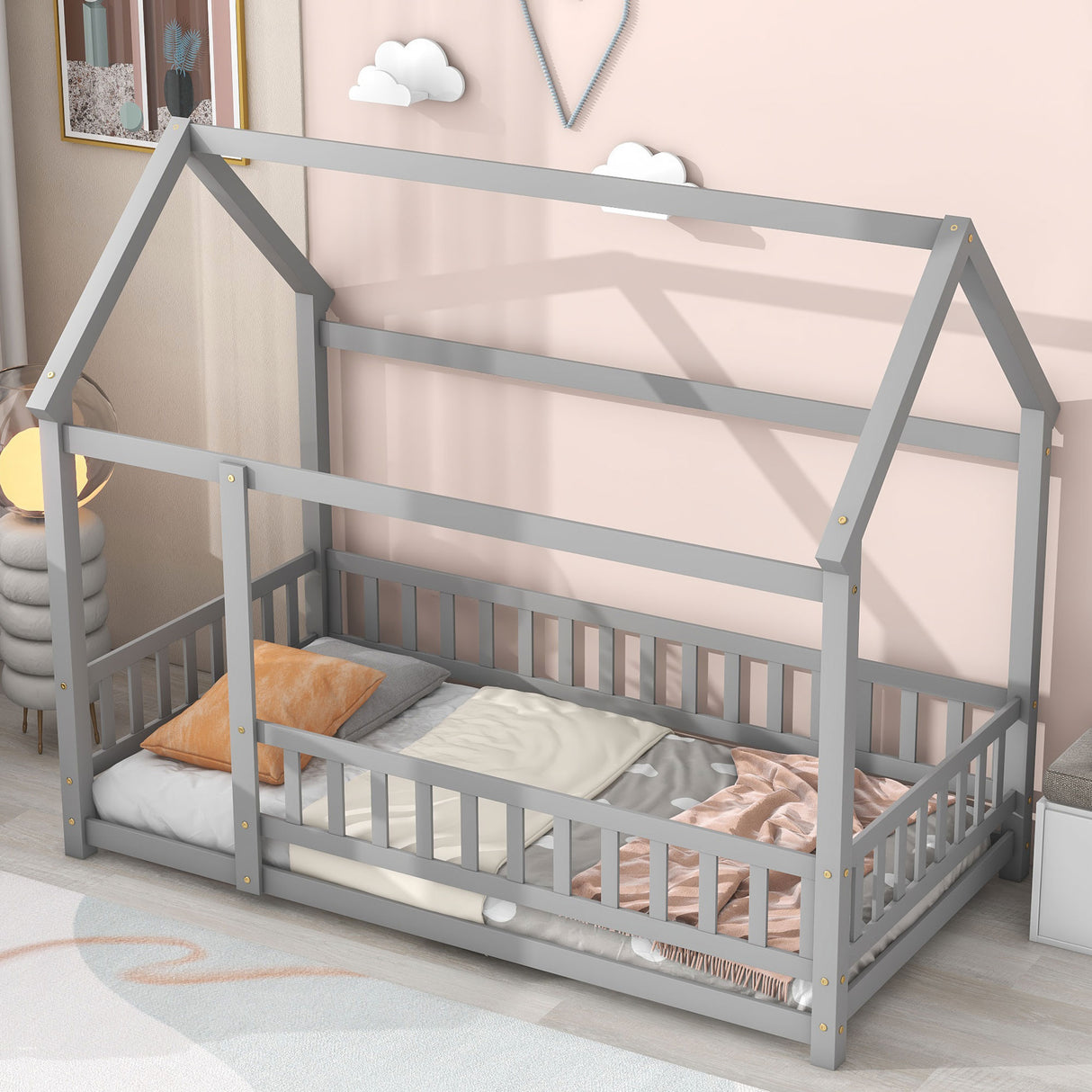 Twin Size Floor Wooden Bed with House Roof Frame, Fence Guardrails,Grey - V.I.P Digital Presence