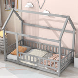 Twin Size Floor Wooden Bed with House Roof Frame, Fence Guardrails,Grey - V.I.P Digital Presence