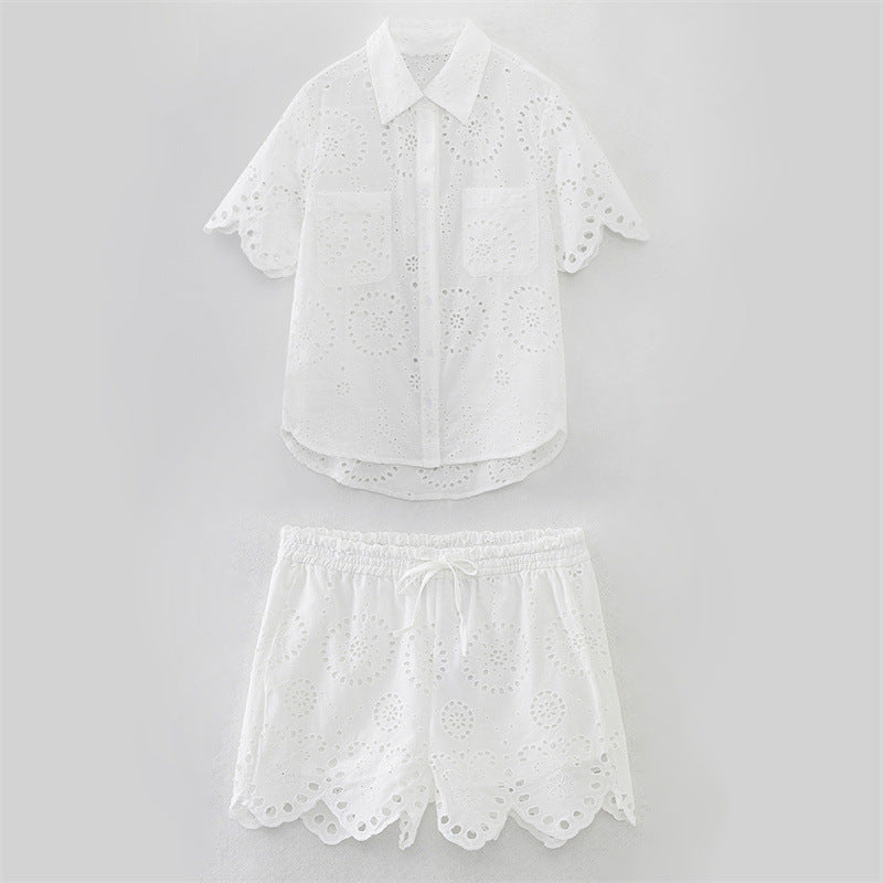 Summer NewStyle Women's Fashion Casual Short Sleeve Hollow Embroidered Shirt Shorts - V.I.P Digital Presence