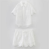 Summer NewStyle Women's Fashion Casual Short Sleeve Hollow Embroidered Shirt Shorts - V.I.P Digital Presence