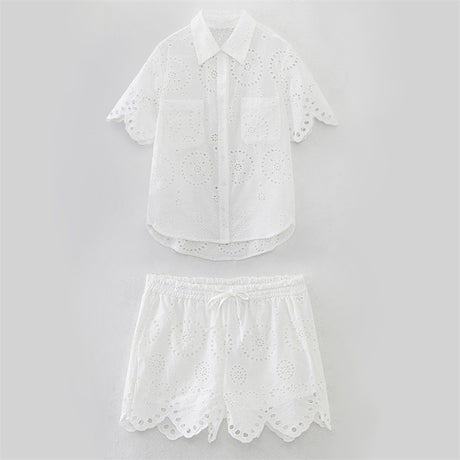 Summer NewStyle Women's Fashion Casual Short Sleeve Hollow Embroidered Shirt Shorts - V.I.P Digital Presence