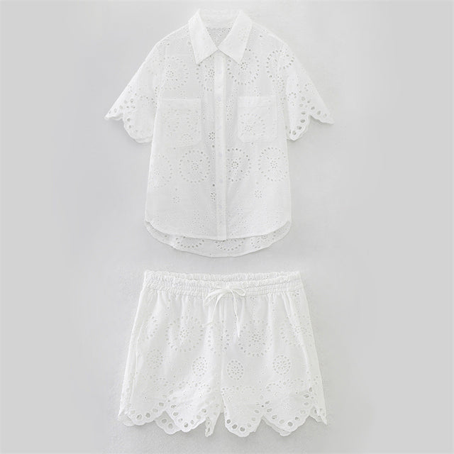 Summer NewStyle Women's Fashion Casual Short Sleeve Hollow Embroidered Shirt Shorts - V.I.P Digital Presence