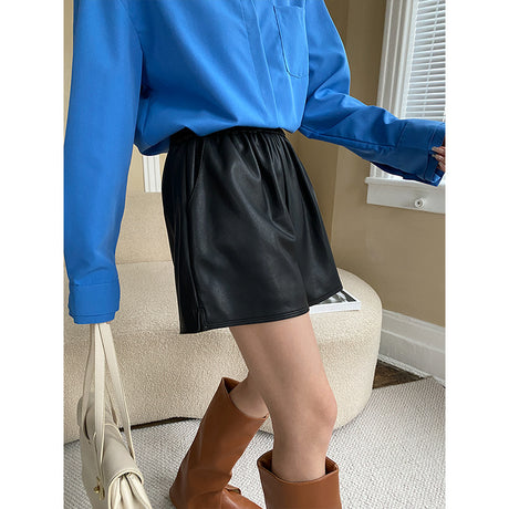 Loose A-line wide leg elastic short leather pants - V.I.P Digital Presence