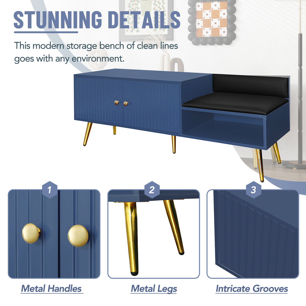 Modern Shoe Storage Bench with Hidden Storage and Upholstered Cushions for Bedside, Living Room and Entryway (Navy) - V.I.P Digital Presence