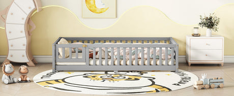 Twin Size Bed Floor Bed with Safety Guardrails and Door for Kids, Gray - V.I.P Digital Presence