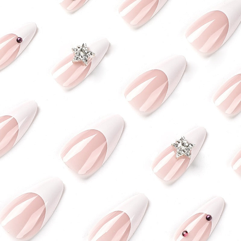 Wearable nails white French style wearable nails finished silver three-dimensional five-pointed star nail stickers wearable - V.I.P Digital Presence