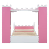 Castle-Shaped Wooden Bed with Storage Shelf, Dreamy Twin Size Platform Bed for Kids Bedroom, Pink+ White - V.I.P Digital Presence
