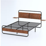 King Size Metal Bed Frame with Upholstered Headboard, with wireless charging and USB A & USB C, Touch LED light Vintage Brown - V.I.P Digital Presence