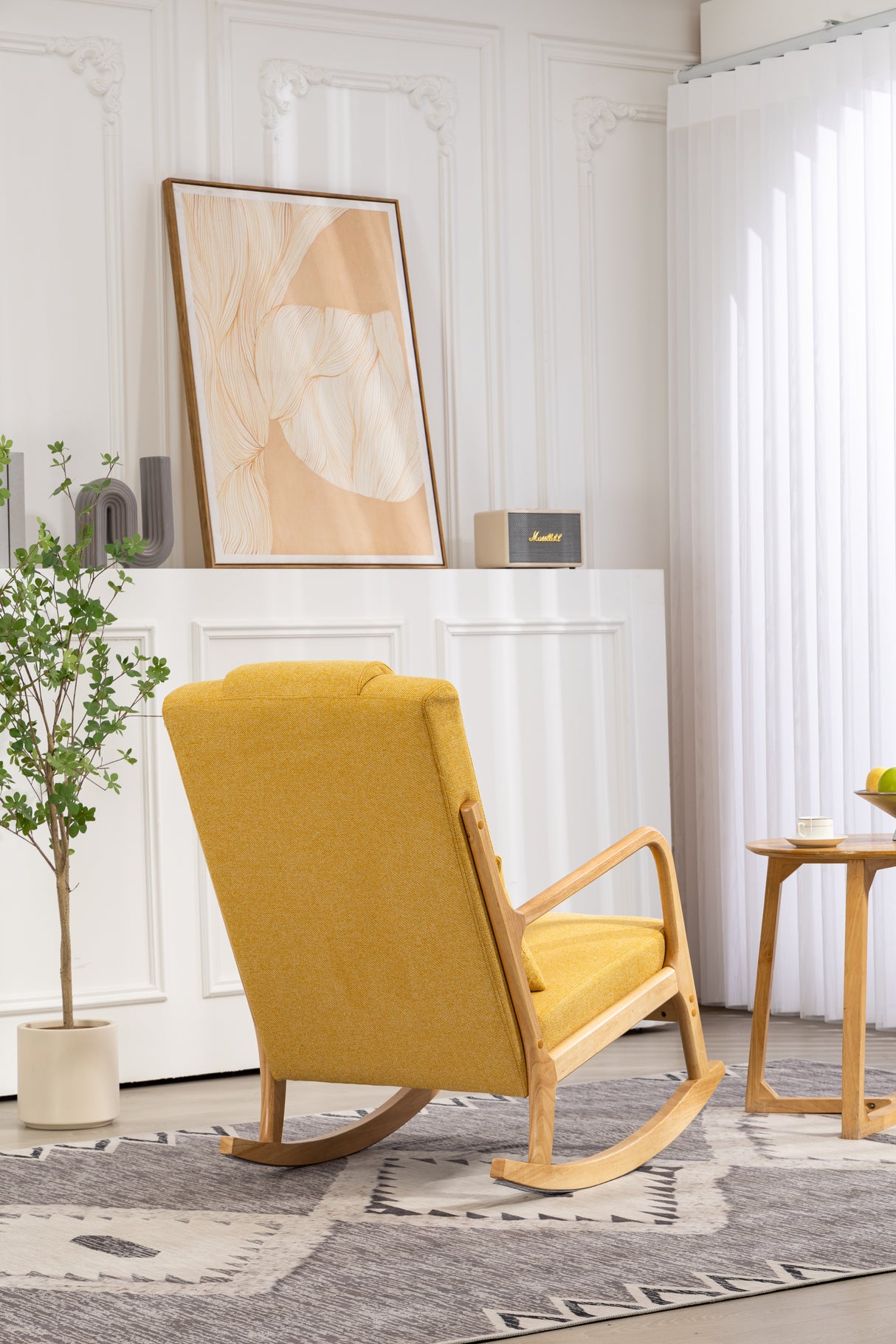 Rocking Chair Upholstered Fabric Rocking Armchair Indoor with High Backrest Glider Chairs and Lumbar Pillow for Living Room - V.I.P Digital Presence