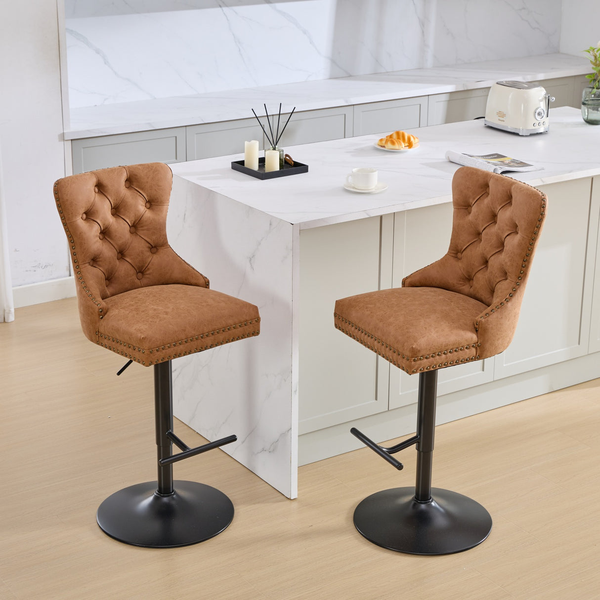 Vintage PU rotating bar stool, seat height adjustable from 25-33 inches, modern bar stool (orange, 2-piece set) - V.I.P Digital Presence