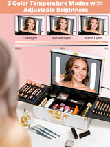 Portable makeup case, travel makeup bag with LED mirror, locked makeup storage box, brush holder, divider, rechargeable, white - V.I.P Digital Presence